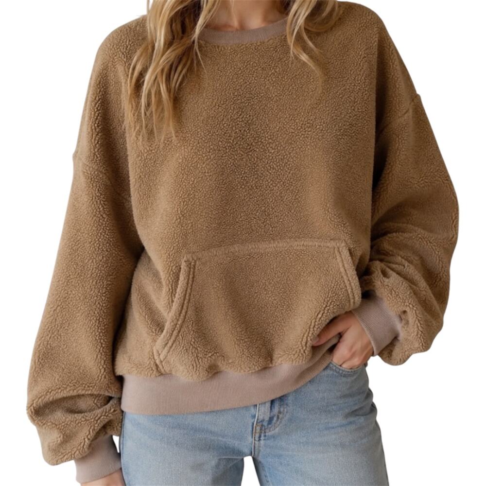 Nap Loungewear Teddy Sweatshirt Drop Sleeve Kangaroo Pocket Pullover Tan M